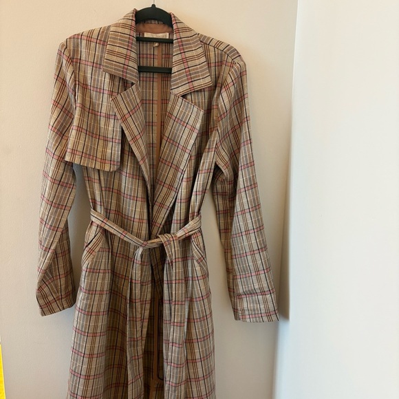 Anthropologie Plaid Belted Lightweight Summer Trench Coat Size M Neutral Motif - Picture 6 of 15